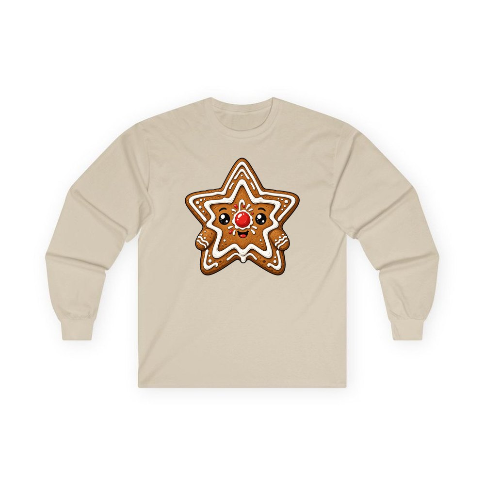 Smiling Gingerbread Star personalised long sleeve Christmas T-shirt in sand