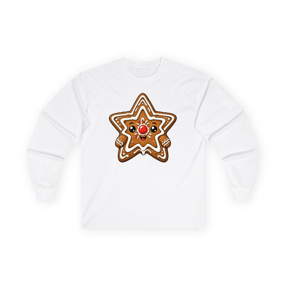 Smiling Gingerbread Star personalised long sleeve Christmas T-shirt in white