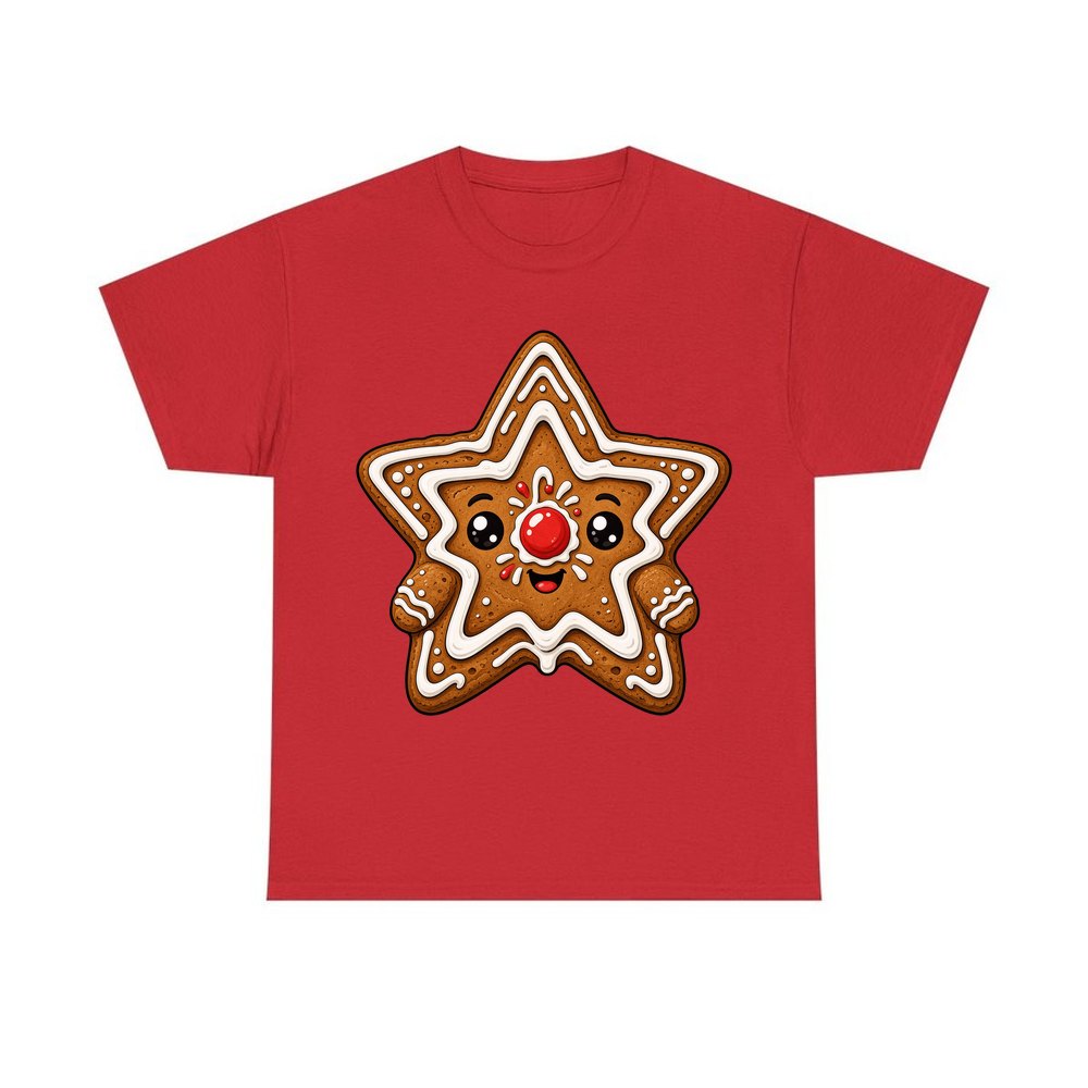 Smiling Gingerbread Star personalised Christmas T-shirt in red