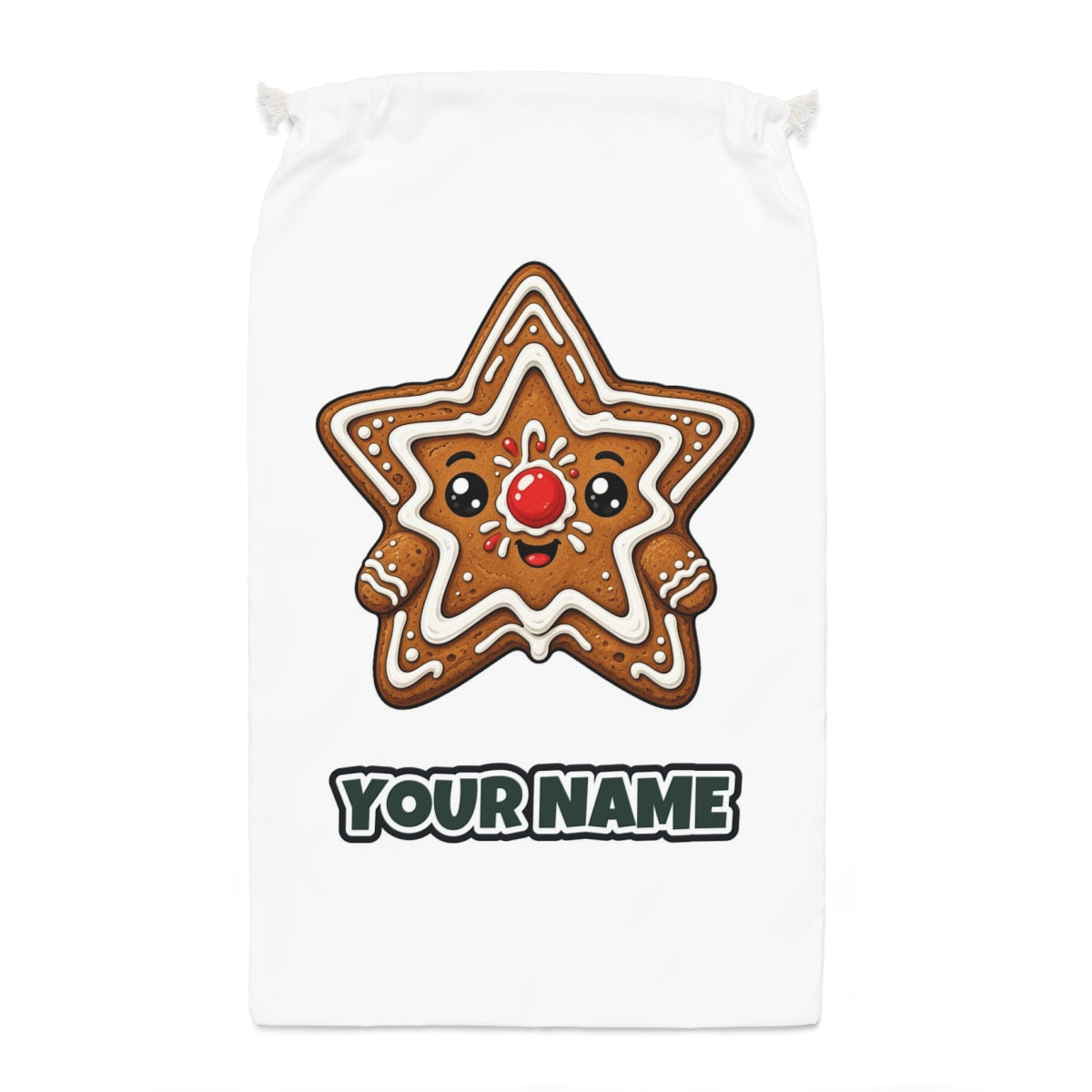 Smiling Gingerbread Star Santa sack laid flat, showing the full print