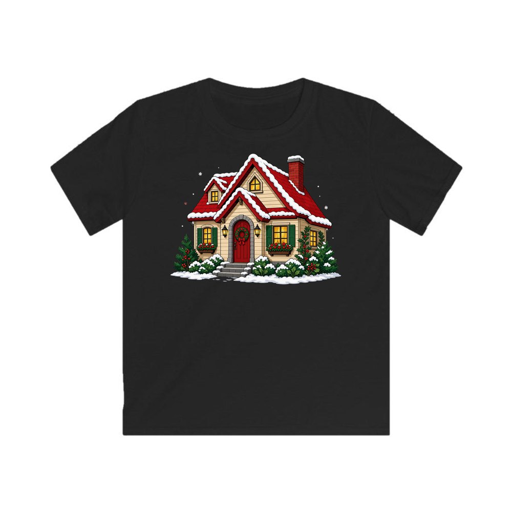 Snow Covered Christmas Cottage personalised kids Christmas tee in black
