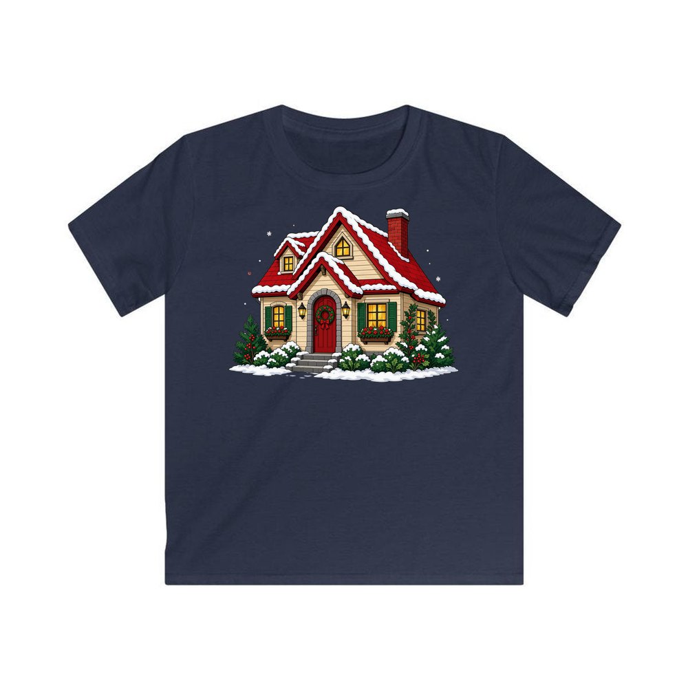 Snow Covered Christmas Cottage personalised kids Christmas tee in navy