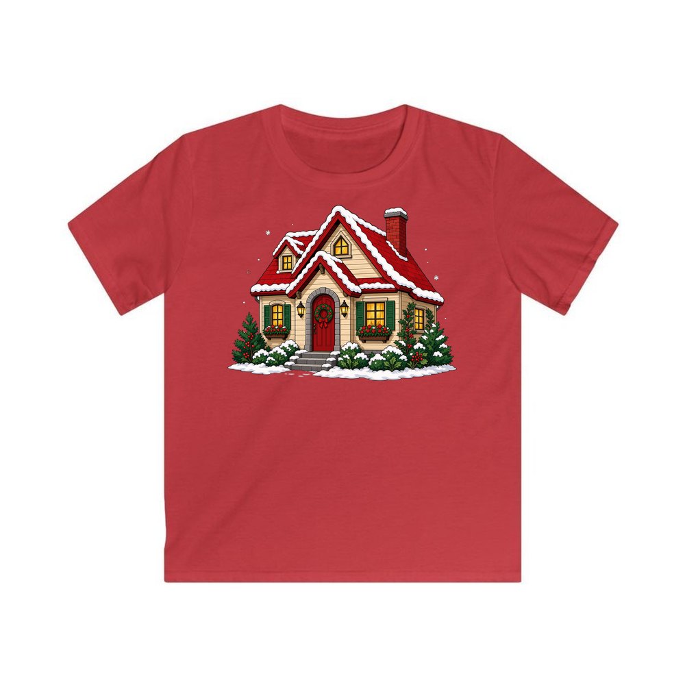 Snow Covered Christmas Cottage personalised kids Christmas tee in red