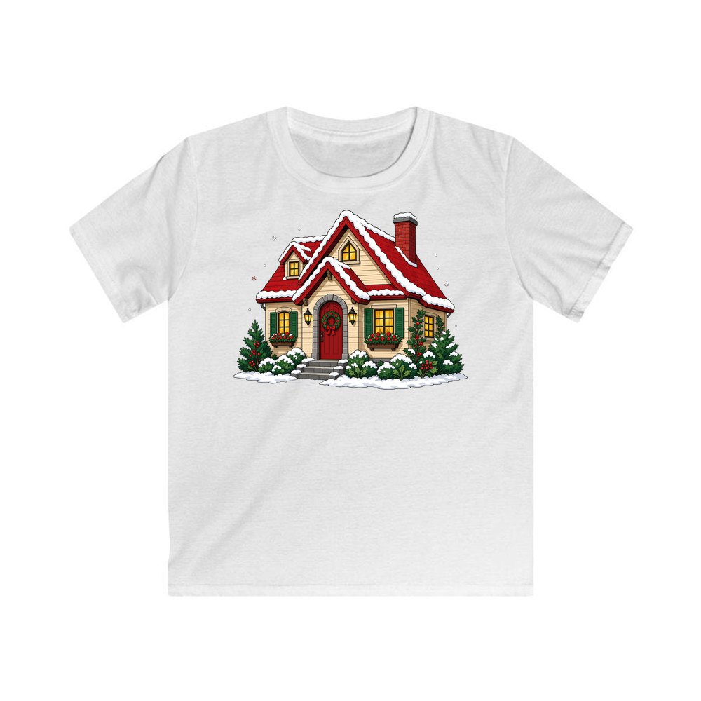 Snow Covered Christmas Cottage personalised kids Christmas tee in white