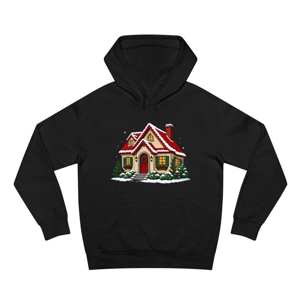 Snow Covered Christmas Cottage personalised Christmas hoodie in black