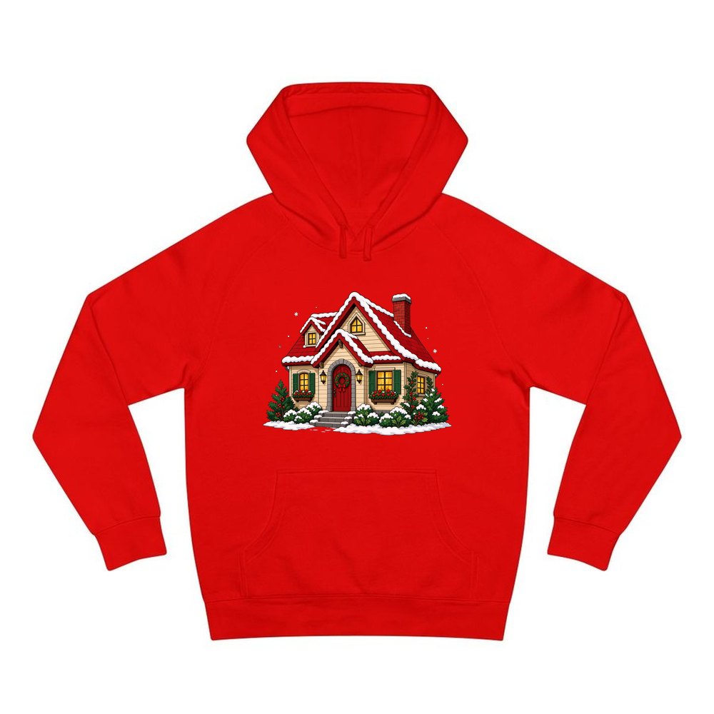 Snow Covered Christmas Cottage personalised Christmas hoodie in red