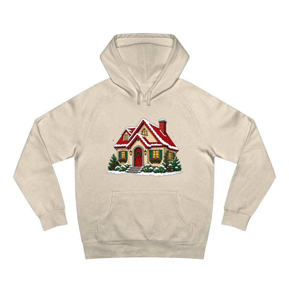 Snow Covered Christmas Cottage personalised Christmas hoodie in sand