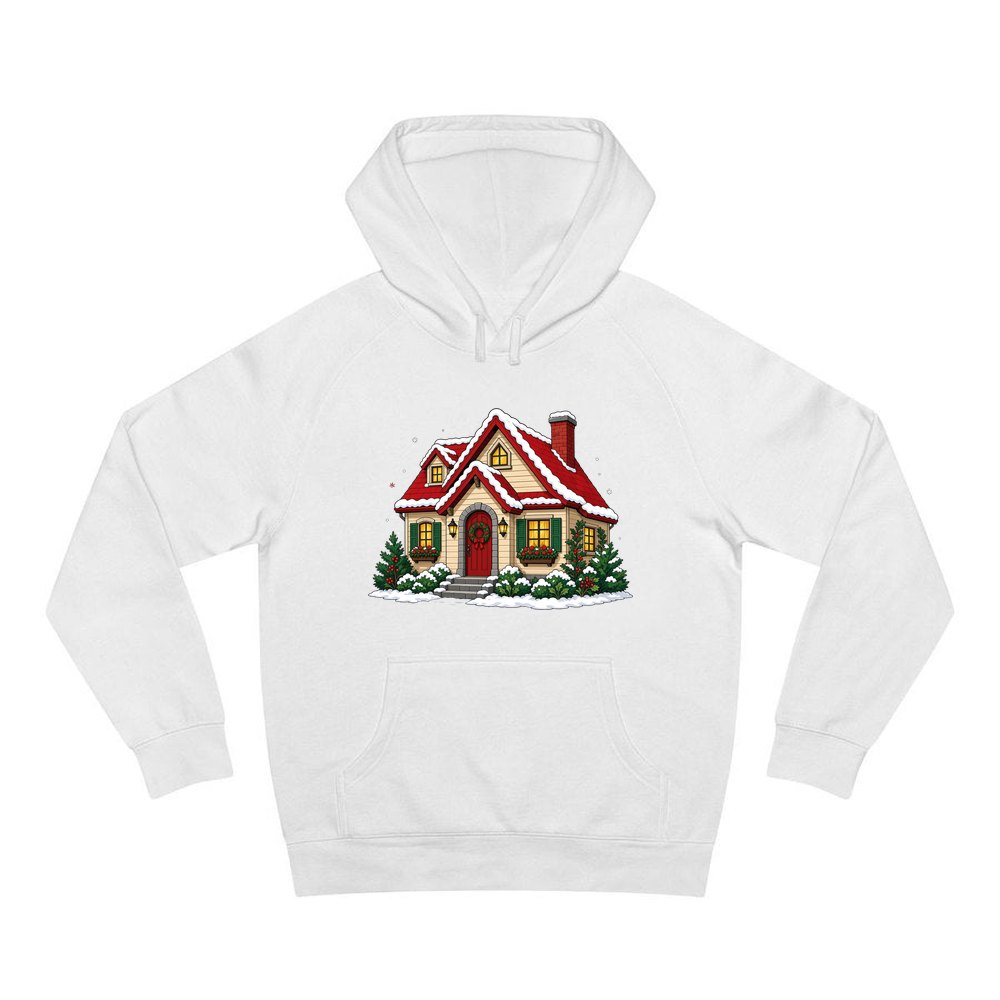 Snow Covered Christmas Cottage personalised Christmas hoodie in white