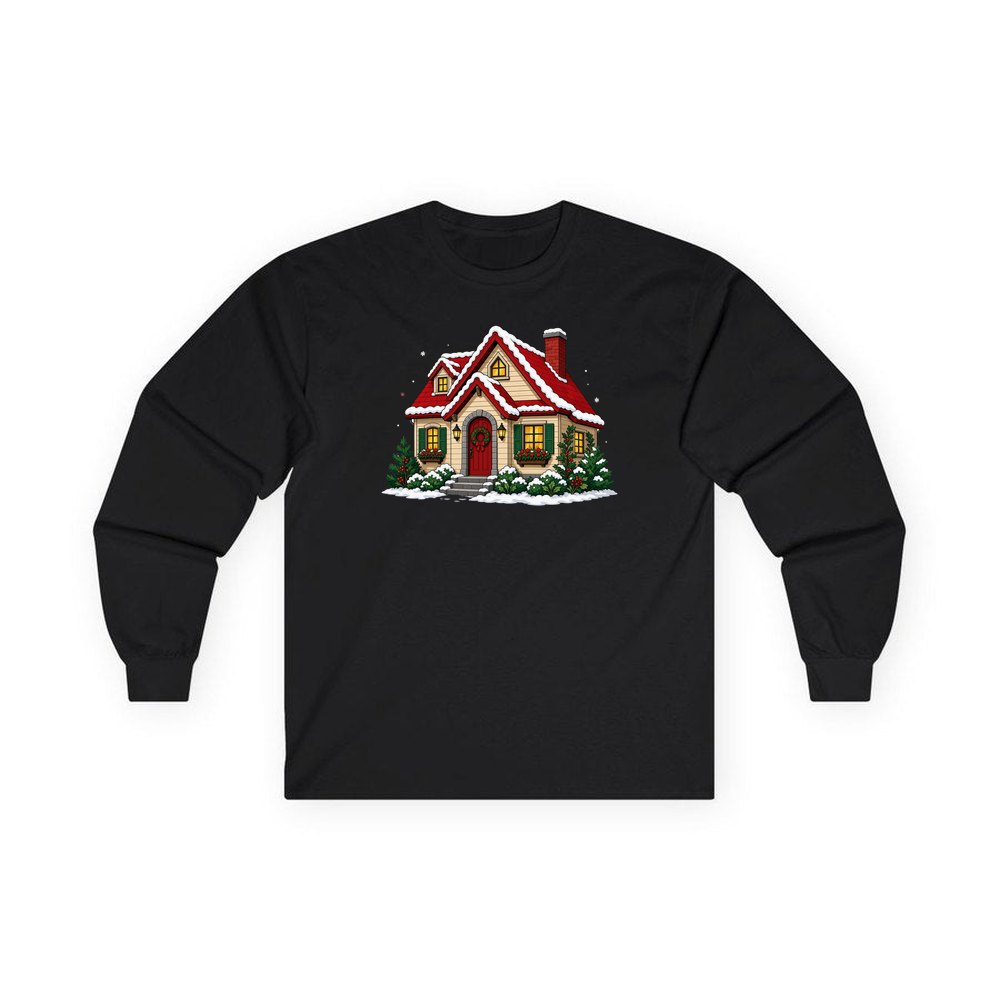 Snow Covered Christmas Cottage personalised long sleeve Christmas T-shirt in black
