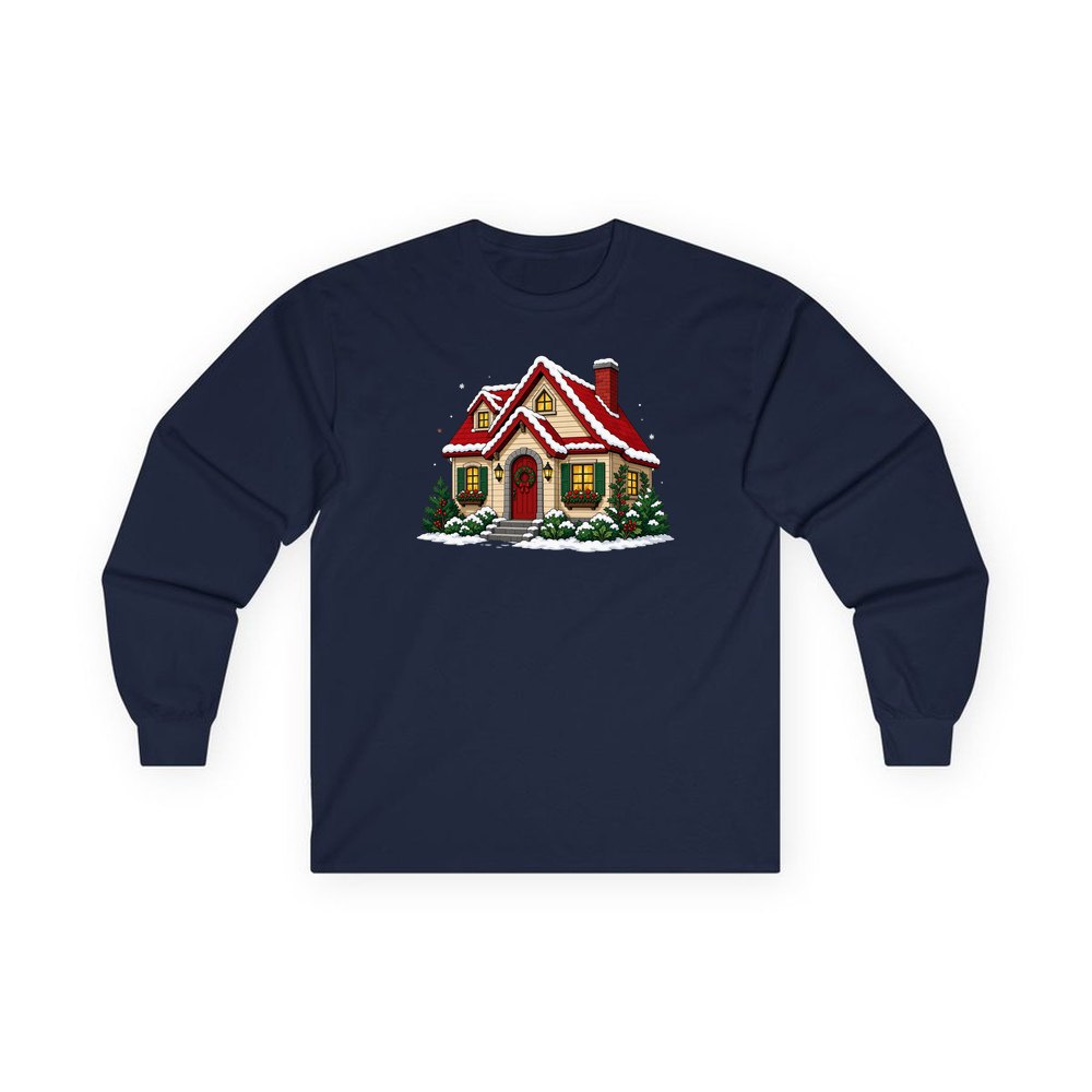 Snow Covered Christmas Cottage personalised long sleeve Christmas T-shirt in navy