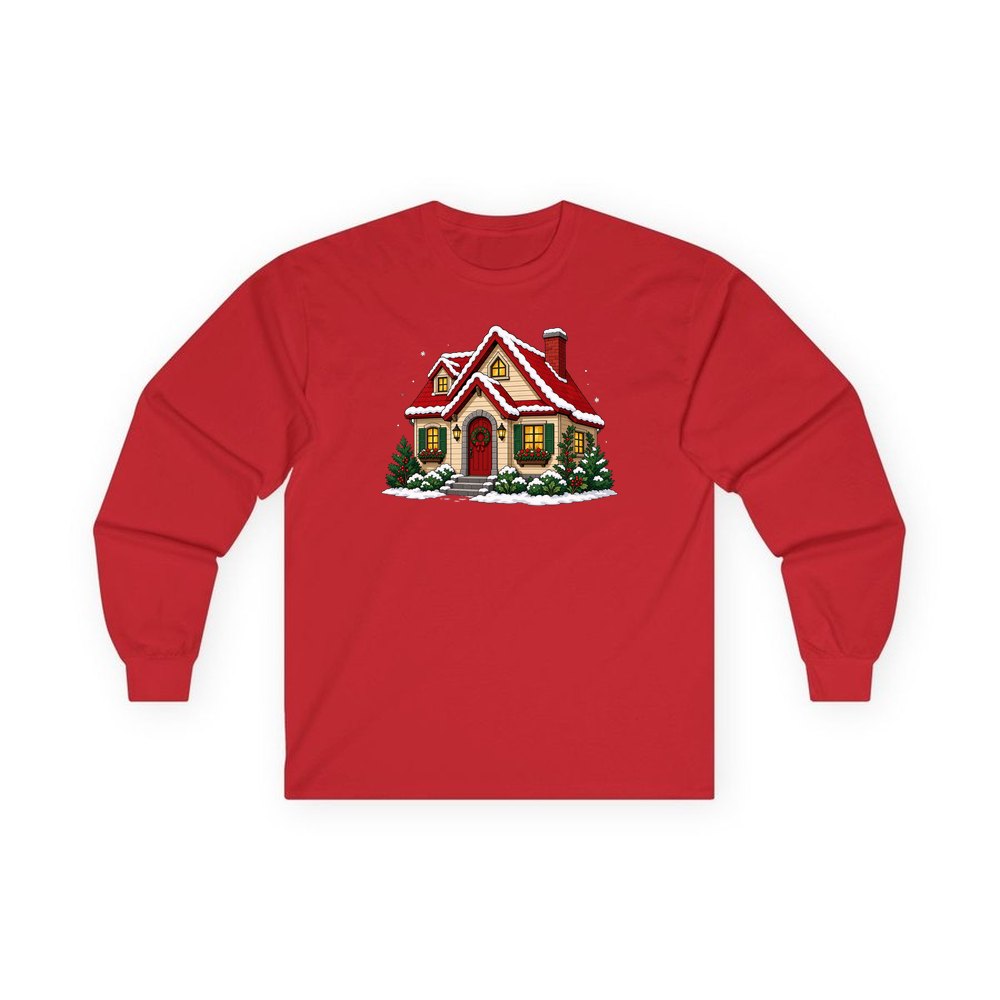 Snow Covered Christmas Cottage personalised long sleeve Christmas T-shirt in red