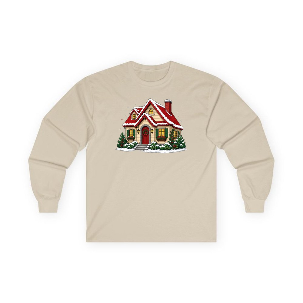 Snow Covered Christmas Cottage personalised long sleeve Christmas T-shirt in sand