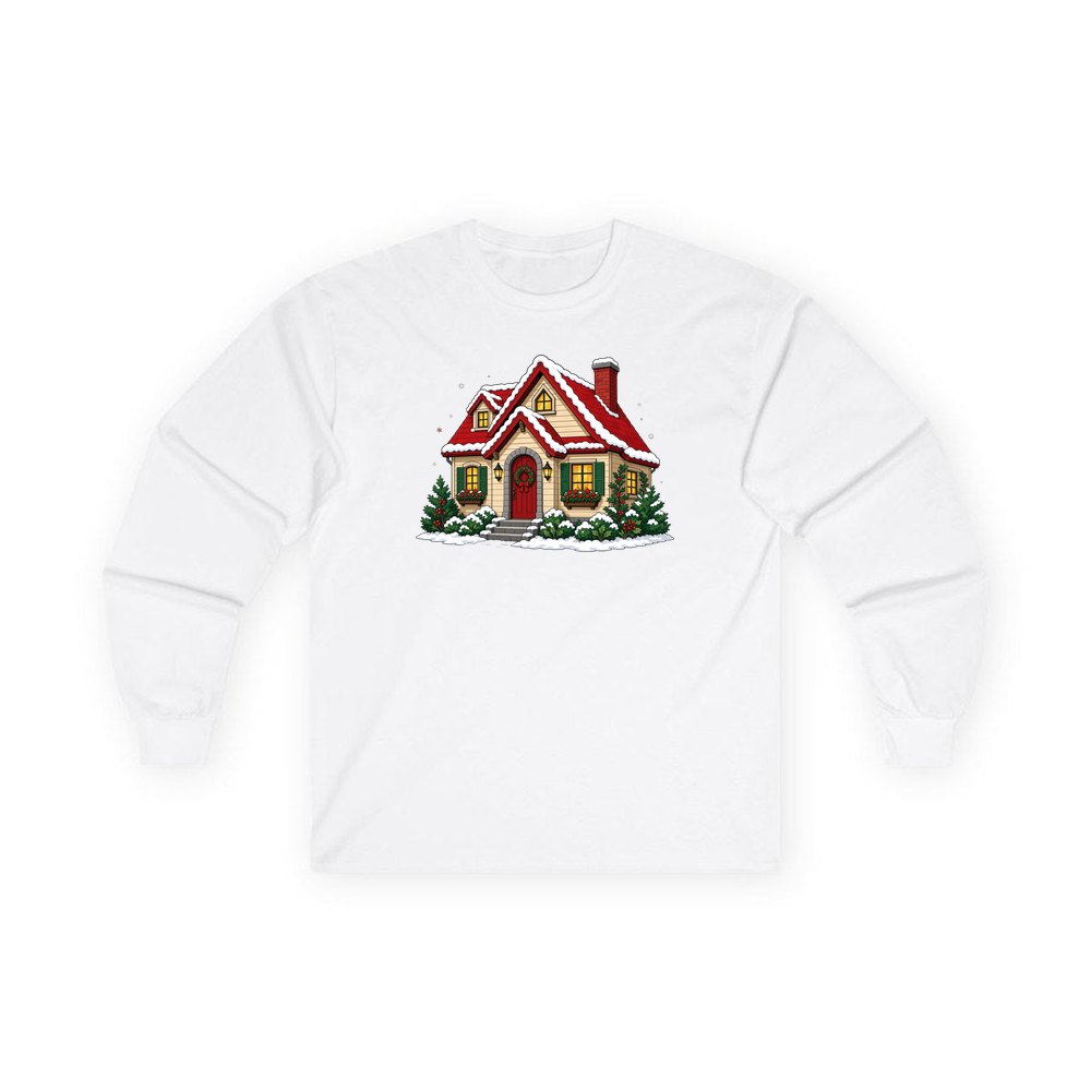 Snow Covered Christmas Cottage personalised long sleeve Christmas T-shirt in white