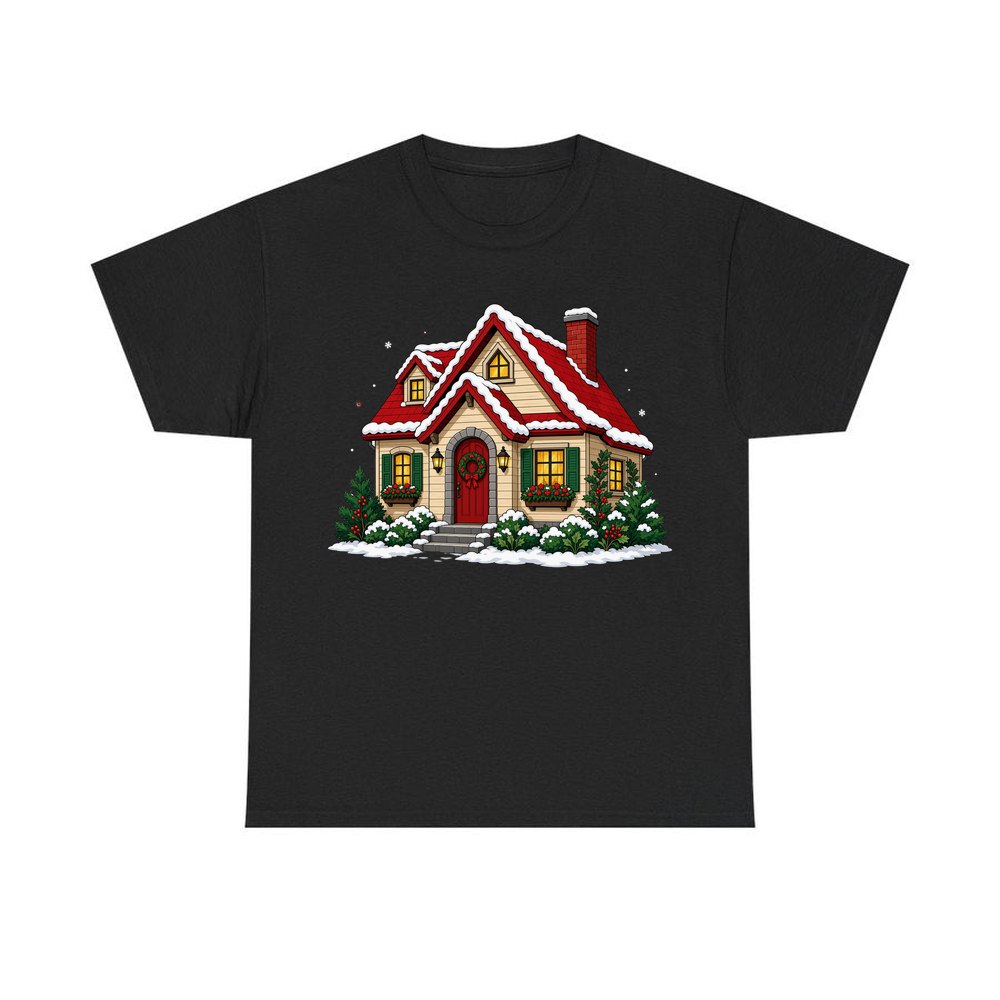 Snow Covered Christmas Cottage personalised Christmas T-shirt in black