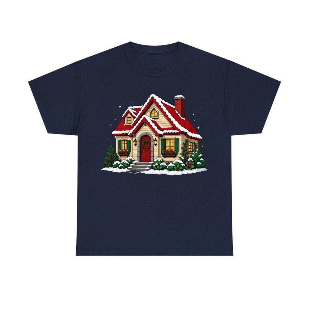 Snow Covered Christmas Cottage personalised Christmas T-shirt in navy