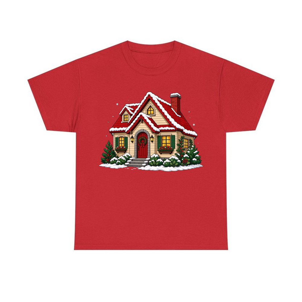 Snow Covered Christmas Cottage personalised Christmas T-shirt in red