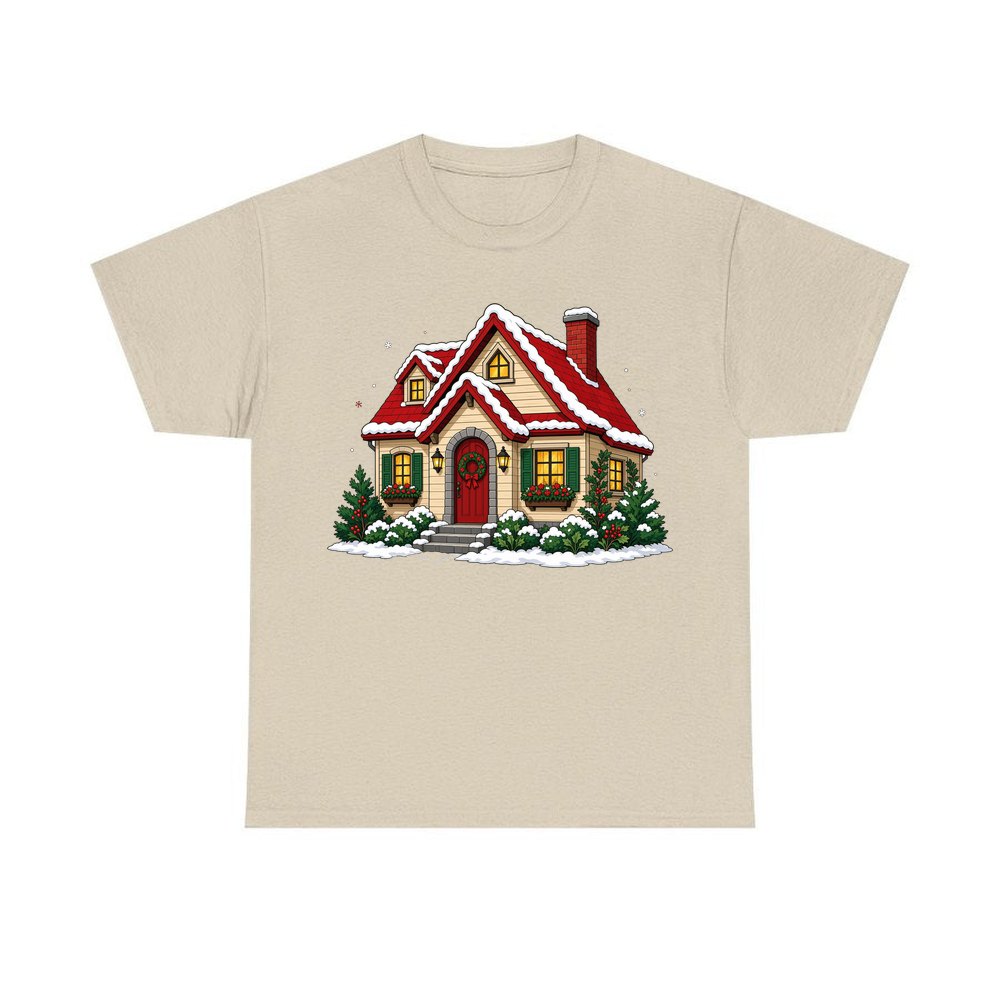 Snow Covered Christmas Cottage personalised Christmas T-shirt in sand