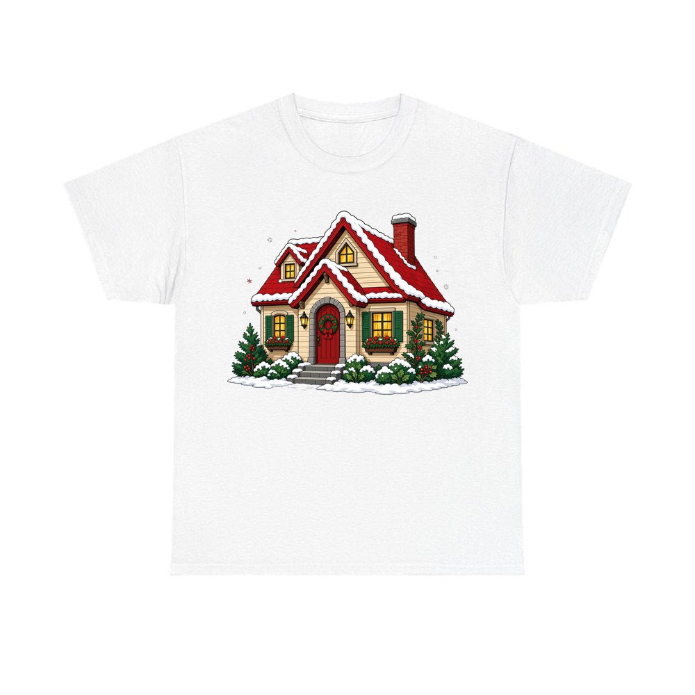 Snow Covered Christmas Cottage personalised Christmas T-shirt in white