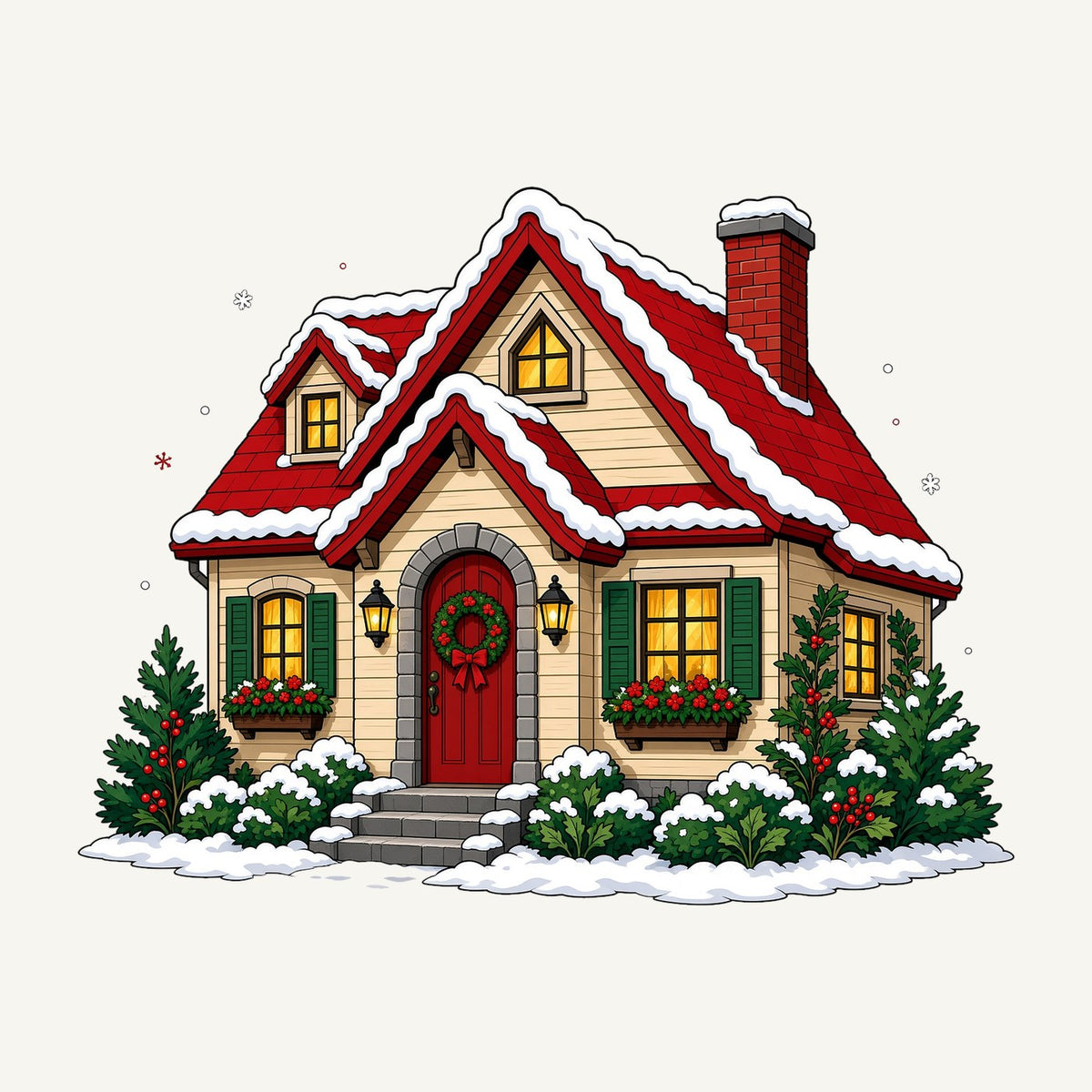 Snow Covered Christmas Cottage Christmas artwork, the design printed on the personalised Santa sack