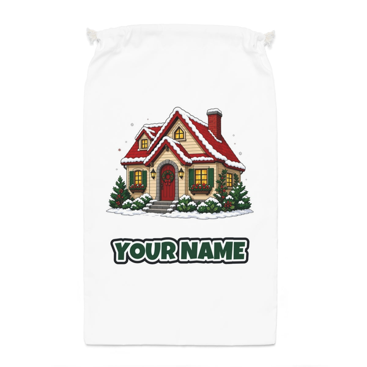 Snow Covered Christmas Cottage Santa sack laid flat, showing the full print