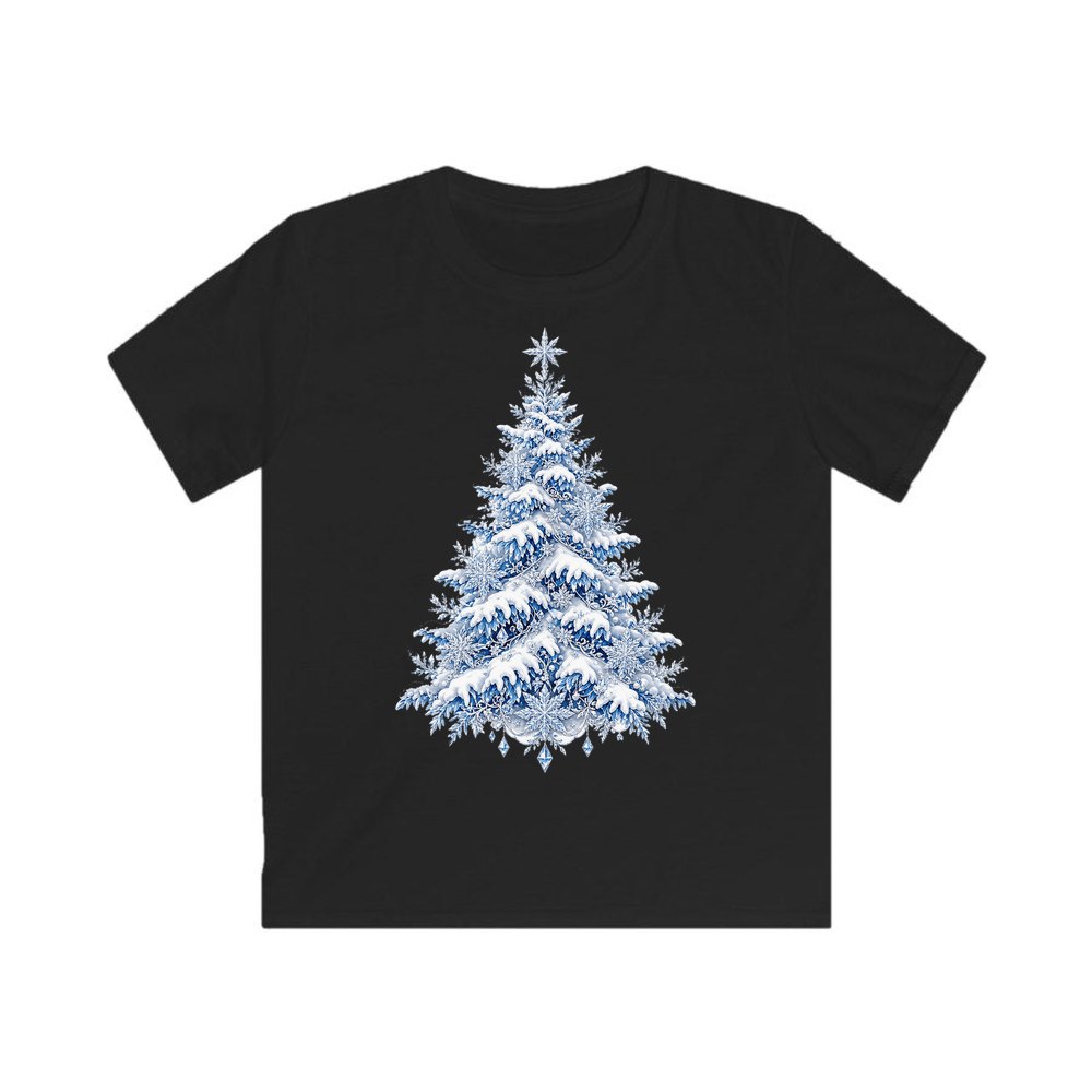 Snow Covered Christmas Tree personalised kids Christmas tee in black