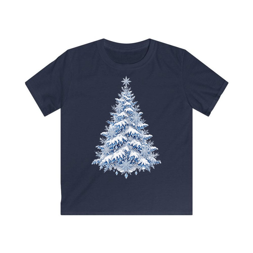Snow Covered Christmas Tree personalised kids Christmas tee in navy