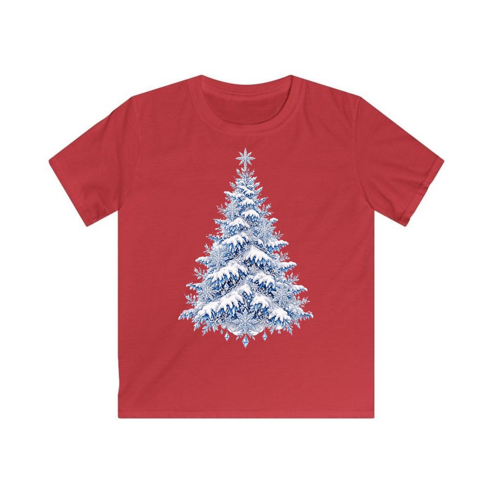 Snow Covered Christmas Tree personalised kids Christmas tee in red