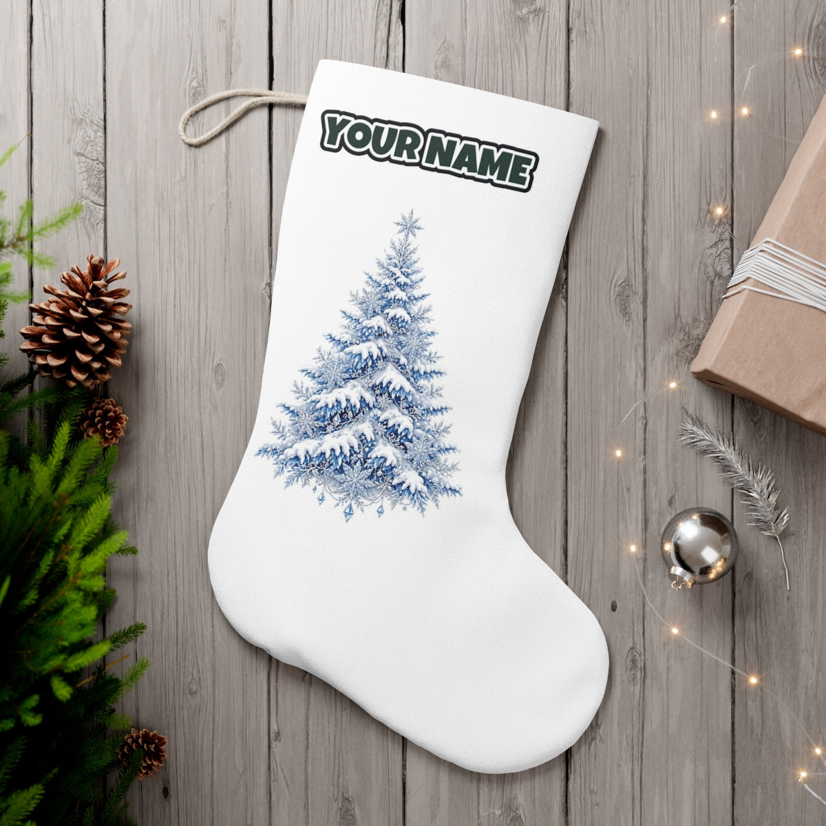 Snow Covered Christmas Tree personalised Christmas stocking, white, with the name across the top