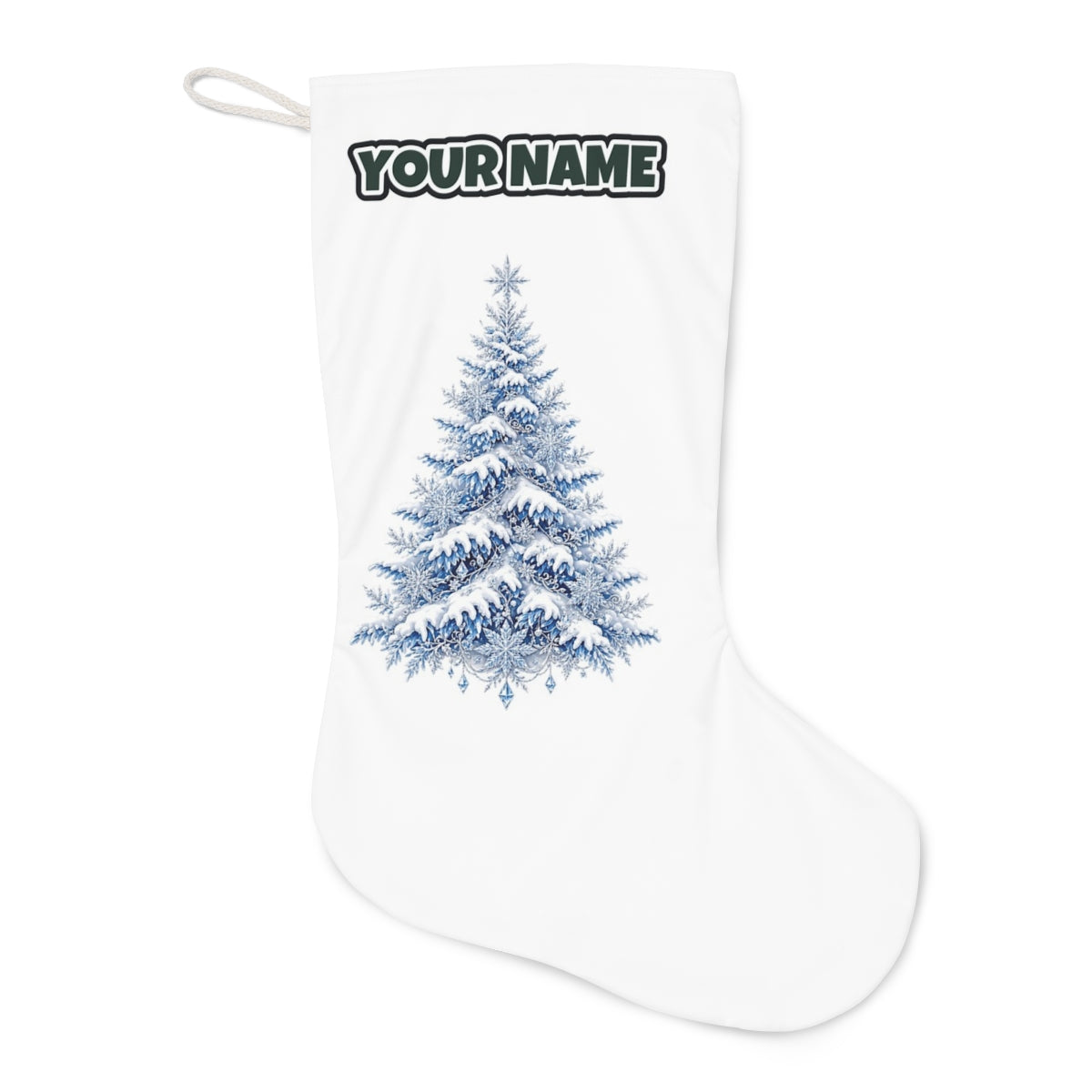 Snow Covered Christmas Tree Christmas stocking laid flat, showing the full print