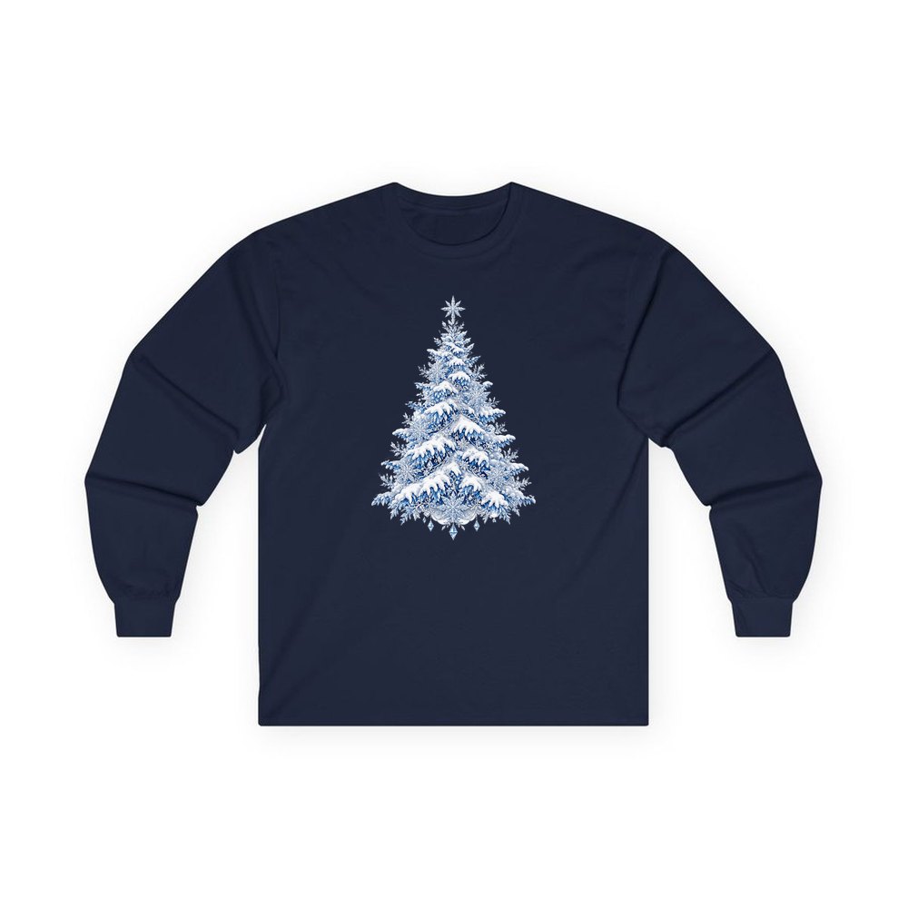 Snow Covered Christmas Tree personalised long sleeve Christmas T-shirt in navy