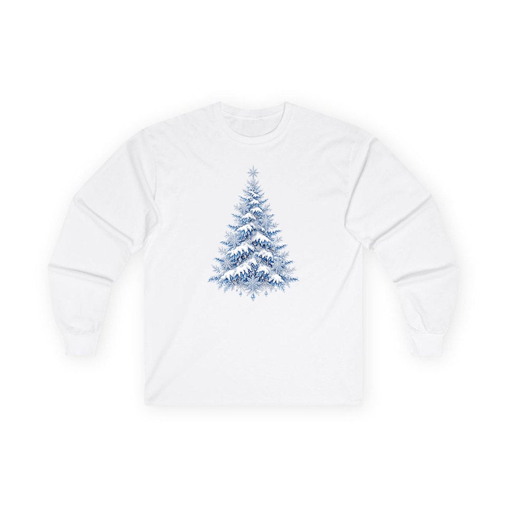 Snow Covered Christmas Tree personalised long sleeve Christmas T-shirt in white