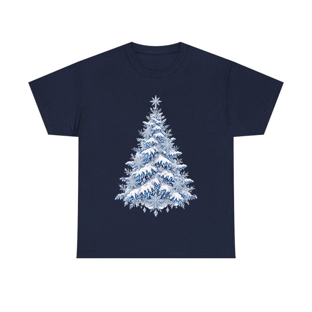 Snow Covered Christmas Tree personalised Christmas T-shirt in navy