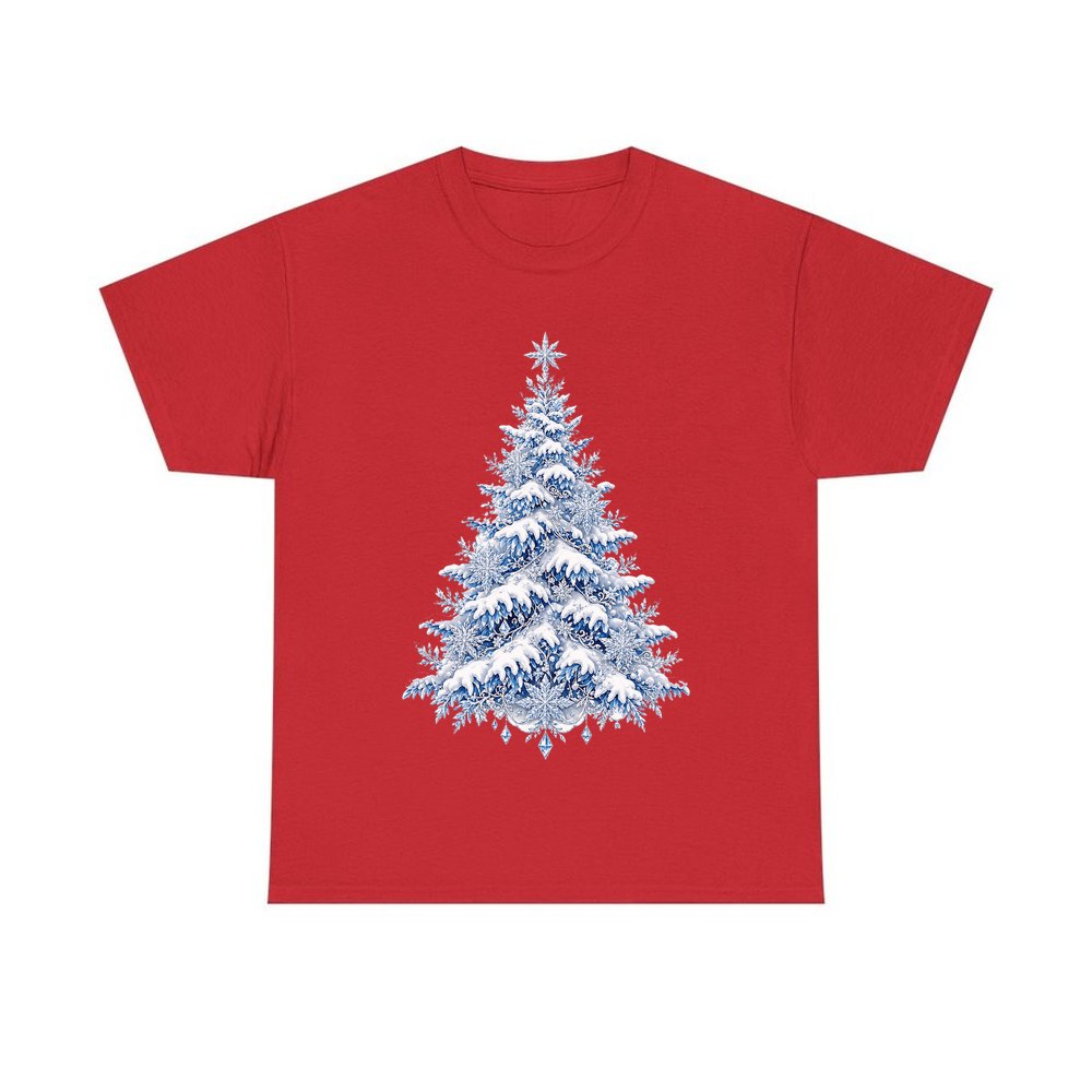 Snow Covered Christmas Tree personalised Christmas T-shirt in red
