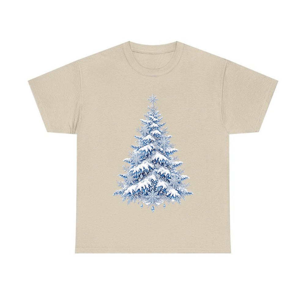 Snow Covered Christmas Tree personalised Christmas T-shirt in sand