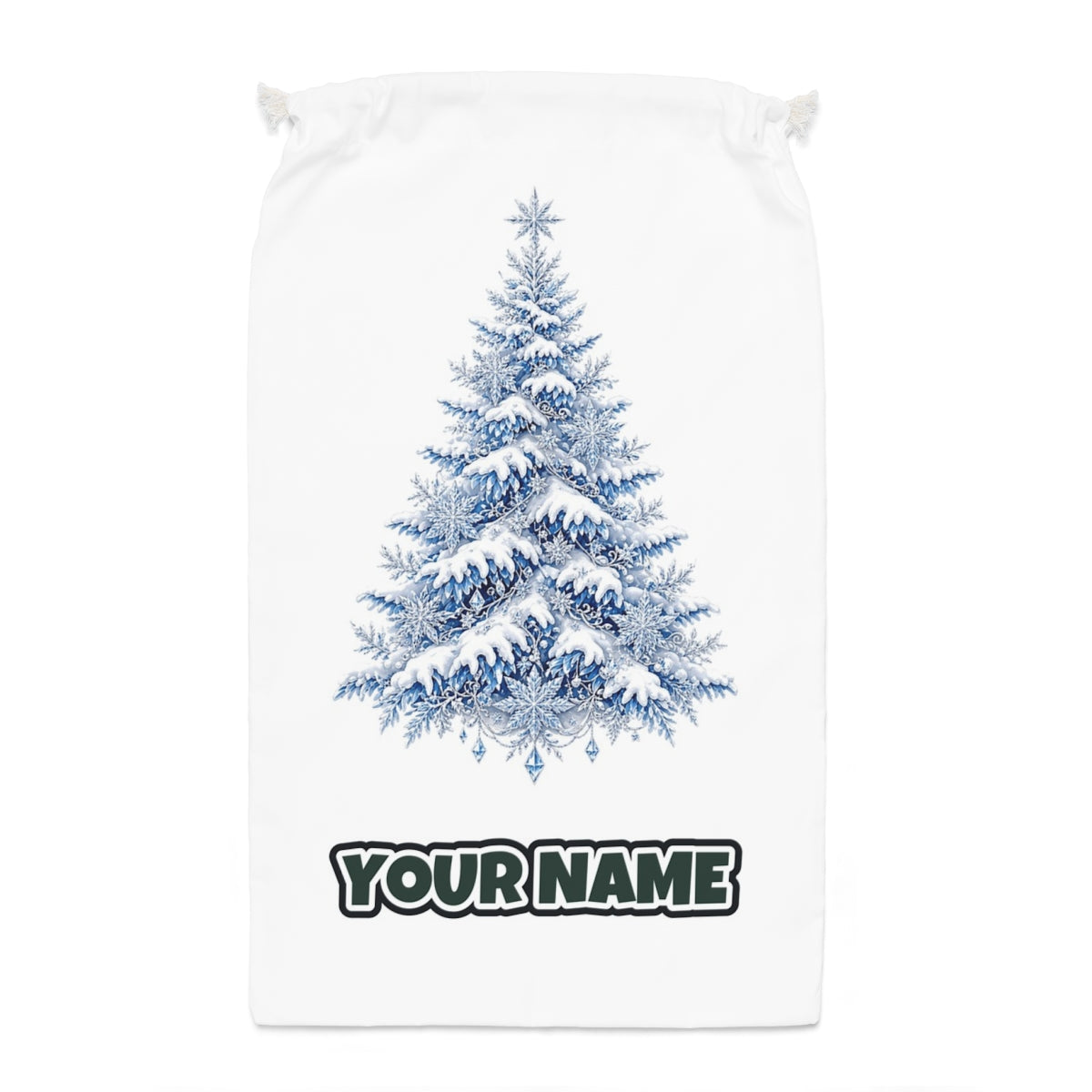 Snow Covered Christmas Tree Santa sack laid flat, showing the full print