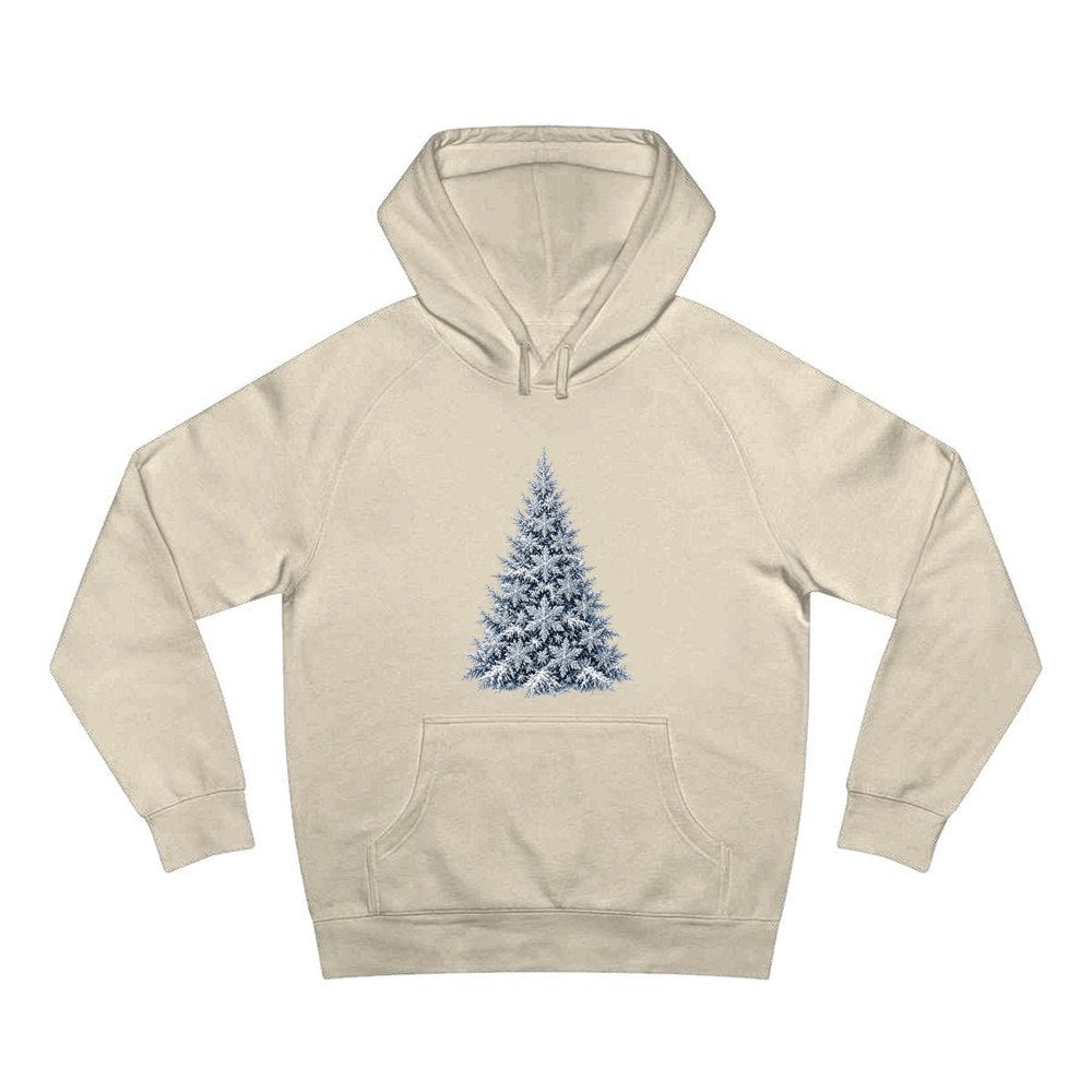 Snow Dusted Blue Spruce personalised Christmas hoodie in sand