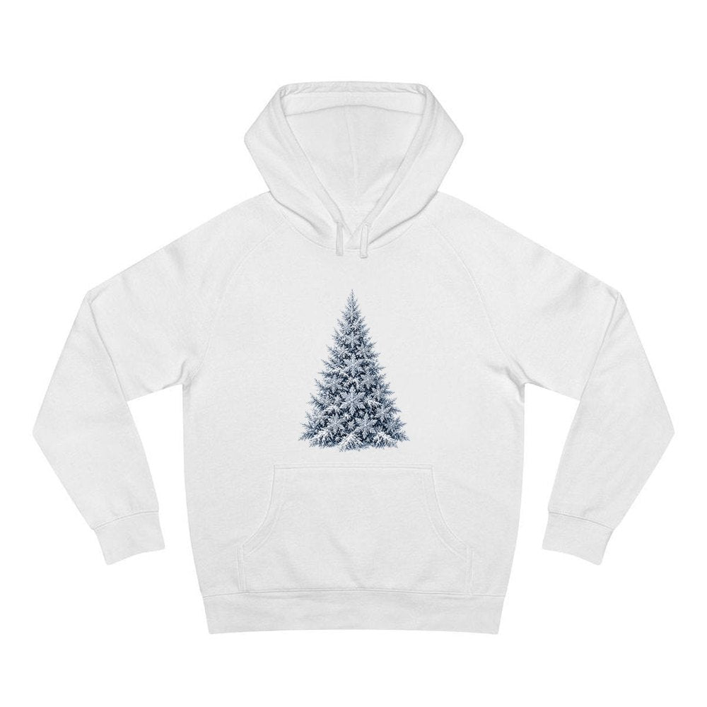 Snow Dusted Blue Spruce personalised Christmas hoodie in white