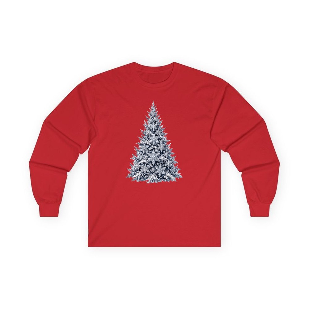 Snow Dusted Blue Spruce personalised long sleeve Christmas T-shirt in red