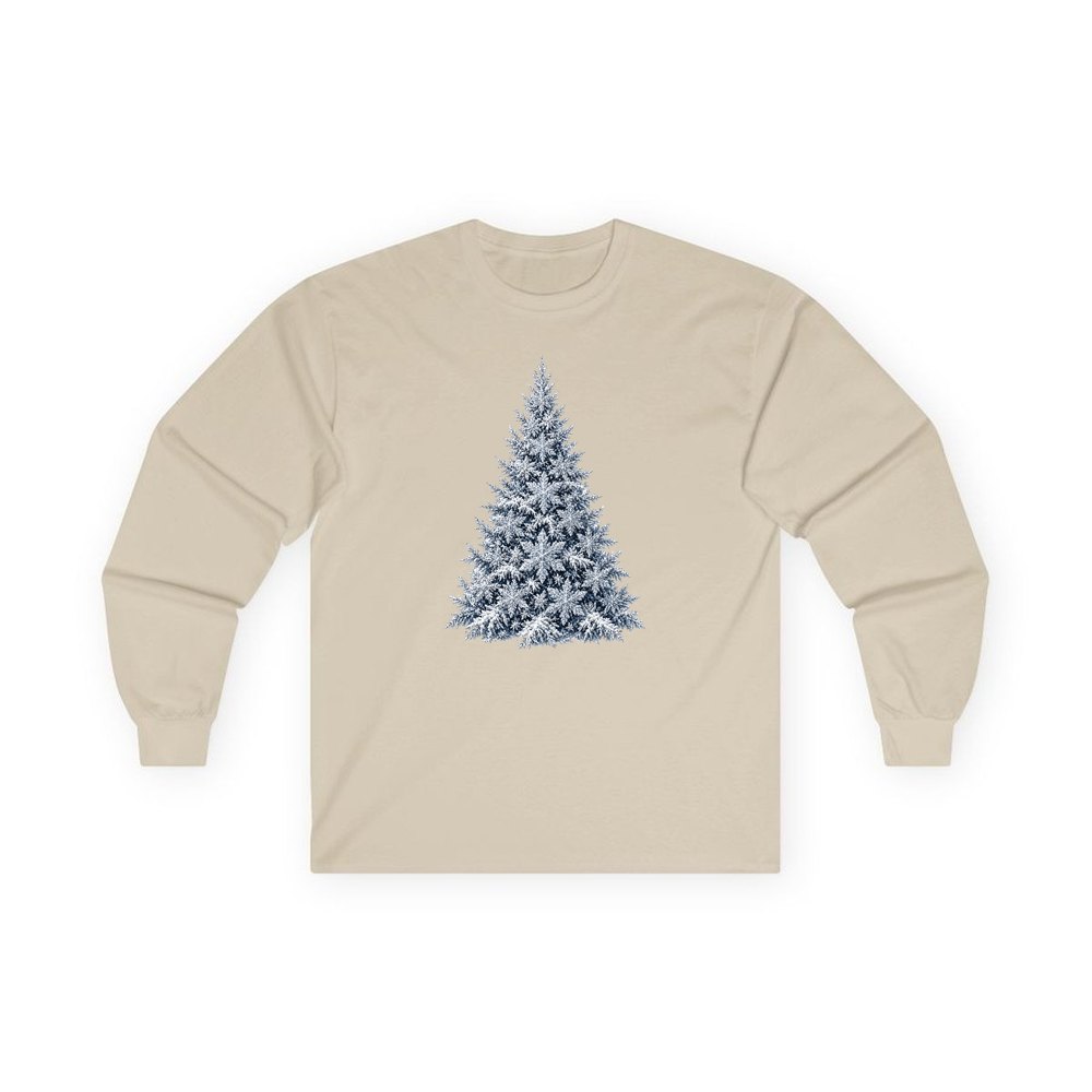 Snow Dusted Blue Spruce personalised long sleeve Christmas T-shirt in sand