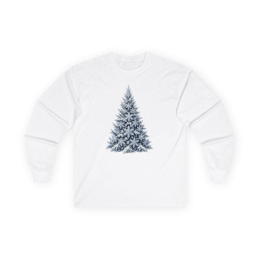 Snow Dusted Blue Spruce personalised long sleeve Christmas T-shirt in white