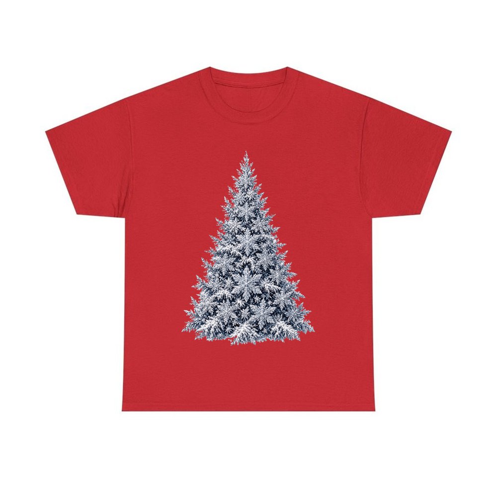 Snow Dusted Blue Spruce personalised Christmas T-shirt in red