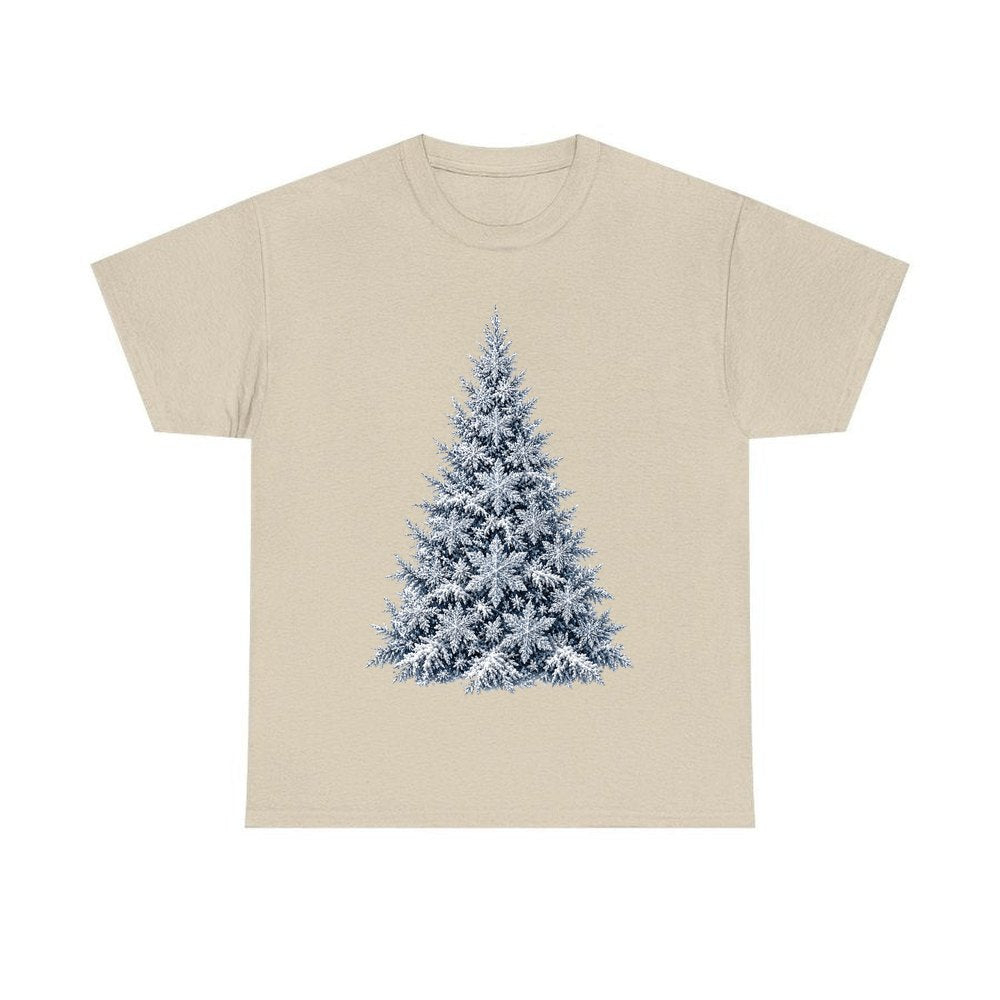Snow Dusted Blue Spruce personalised Christmas T-shirt in sand