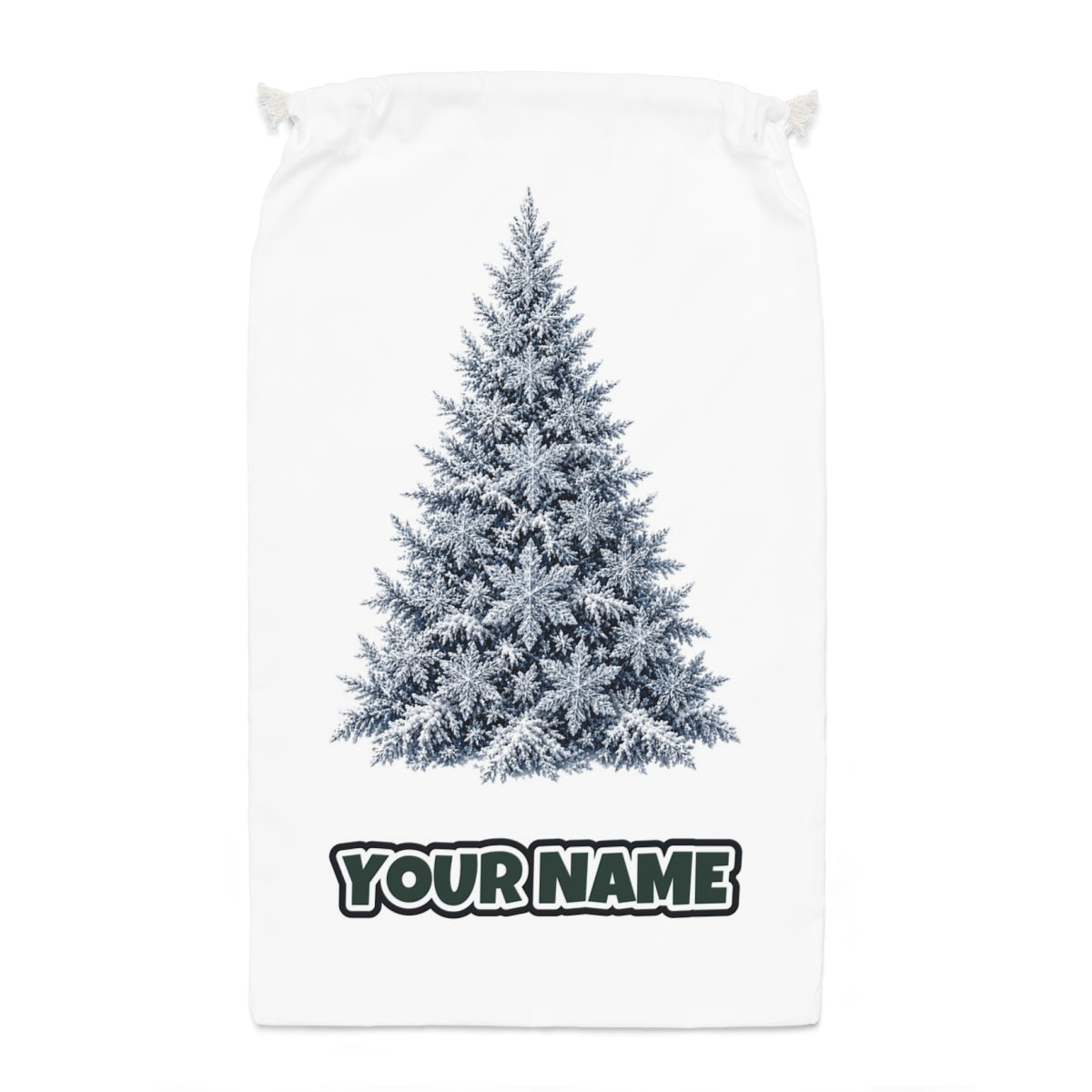 Snow Dusted Blue Spruce Santa sack laid flat, showing the full print