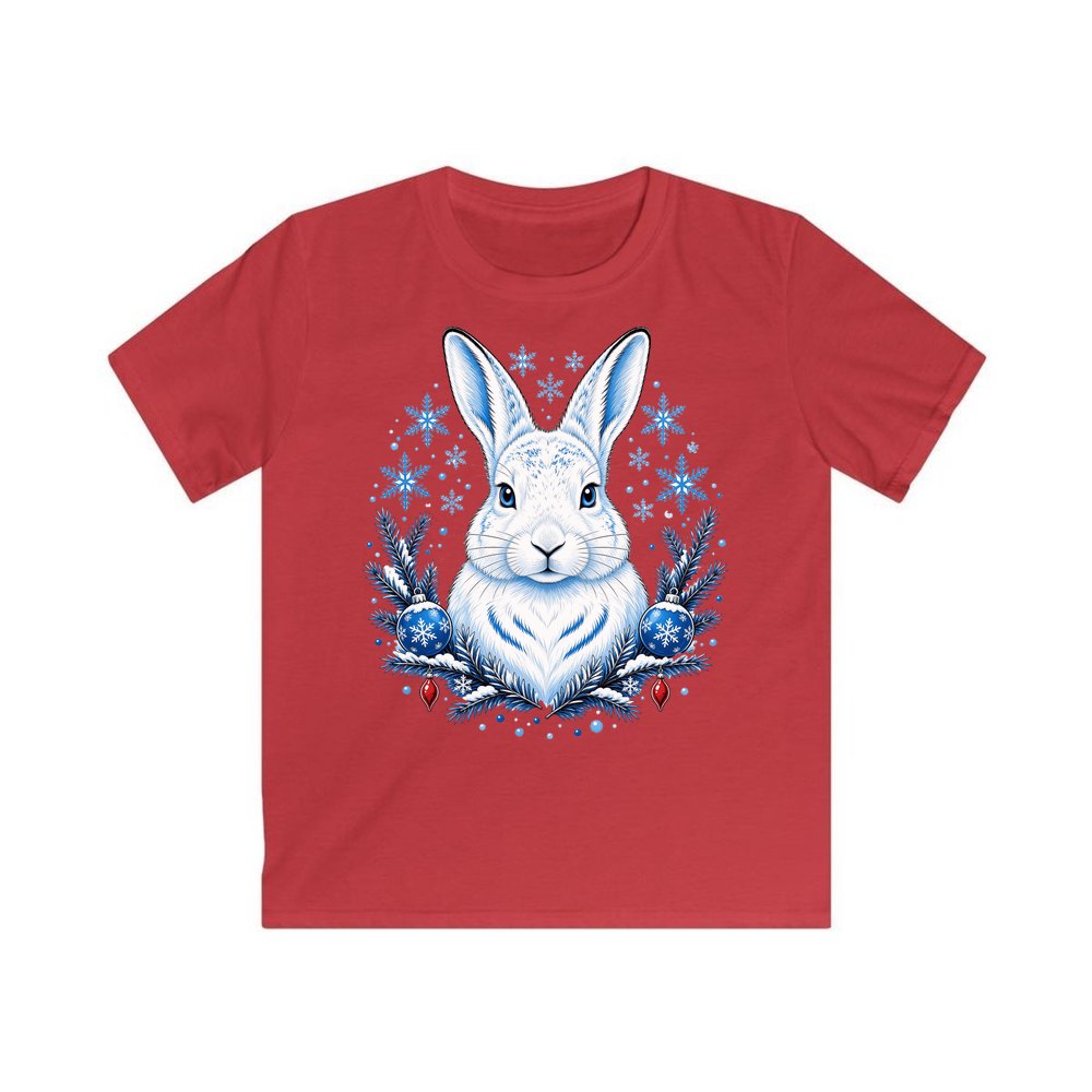 Snow Hare With Baubles personalised kids Christmas tee in red