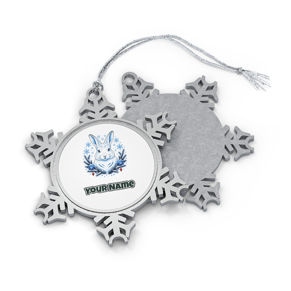 Snow Hare With Baubles Personalised Pewter Christmas Ornament