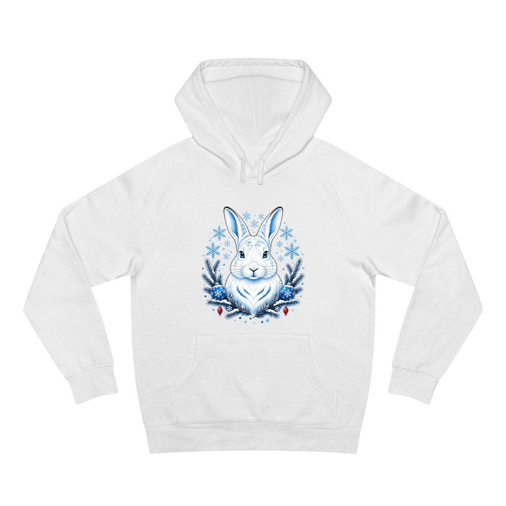 Snow Hare With Baubles personalised Christmas hoodie in white