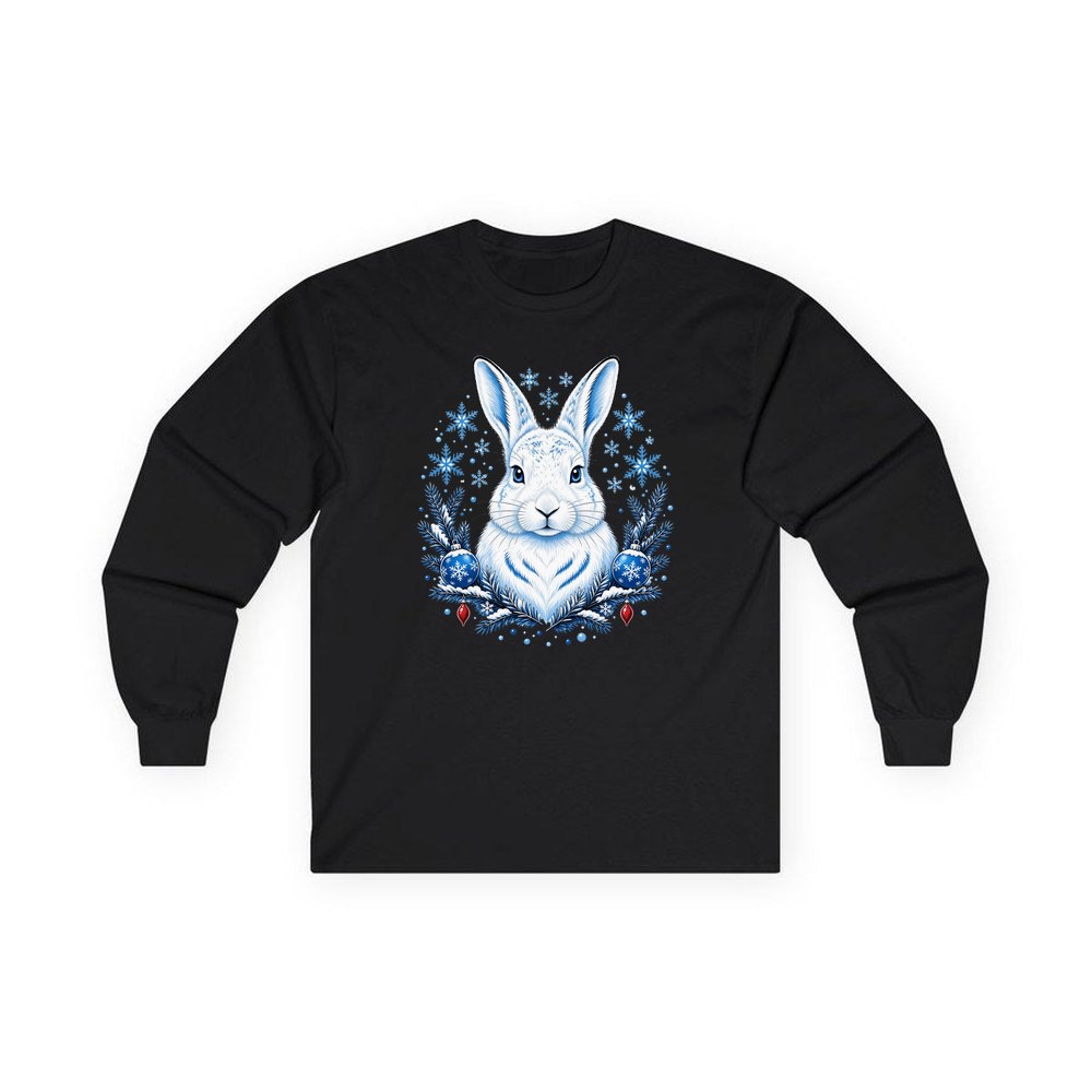Snow Hare With Baubles personalised long sleeve Christmas T-shirt in black