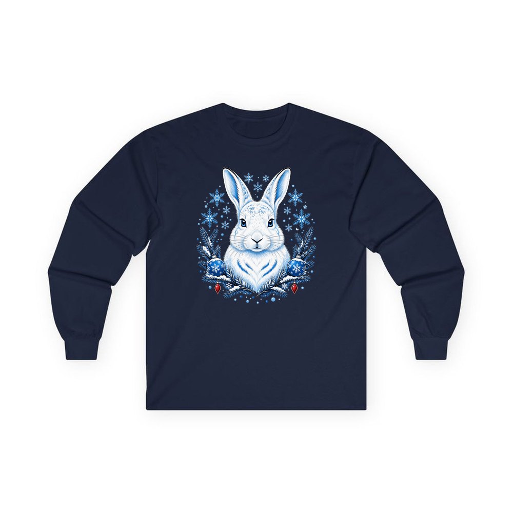 Snow Hare With Baubles personalised long sleeve Christmas T-shirt in navy