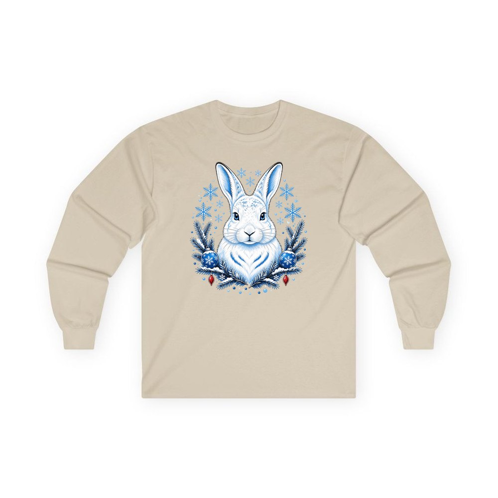 Snow Hare With Baubles personalised long sleeve Christmas T-shirt in sand