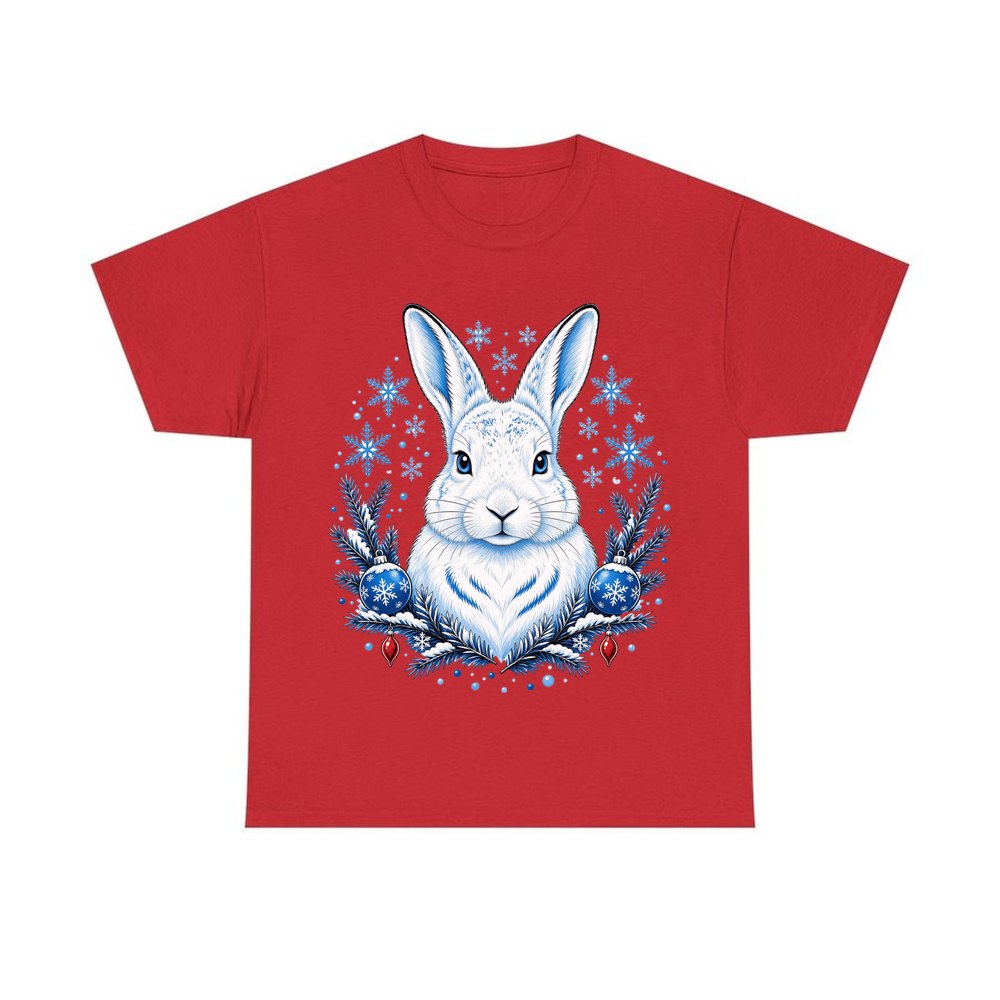 Snow Hare With Baubles personalised Christmas T-shirt in red